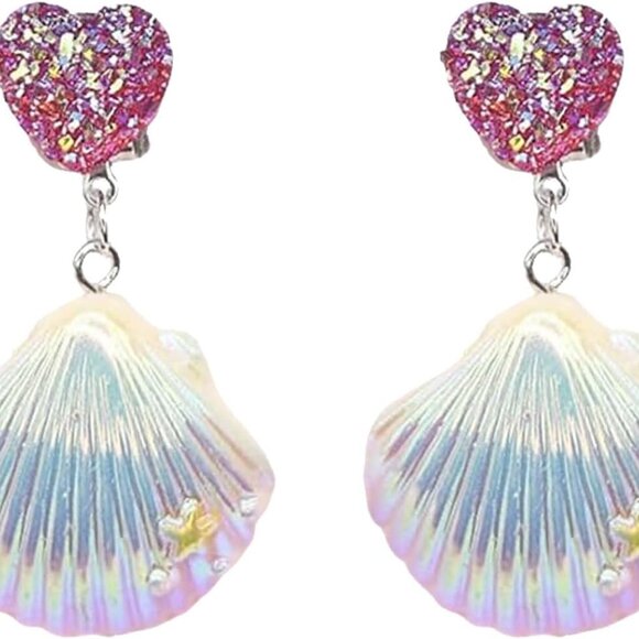 Purple Mermaid Seashell Clip On Earrings for Women Ocean Beach Jewelry Trendy Su - Picture 1 of 3